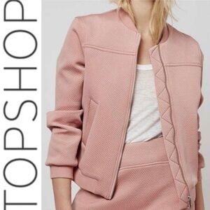 TOPSHOP Pink Punch Textured Full Zip Cropped Bomber Jacket Womens size 4